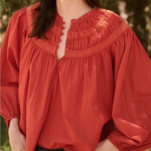 THE GREAT. Rust Red Peasant Blouse